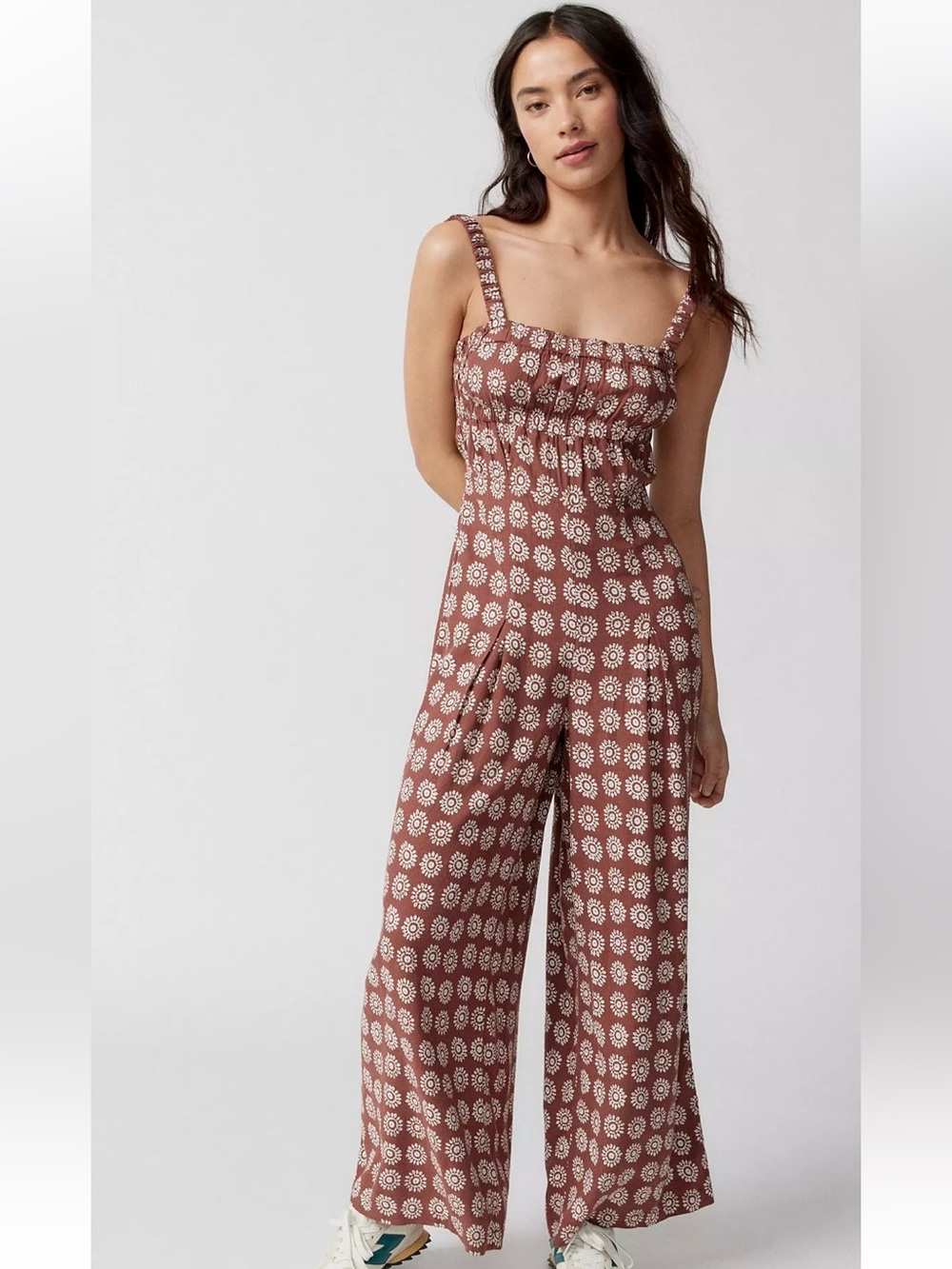 Urban Outfitters ECOTE Linen Printed Strap Back Maxi Jumpsuit